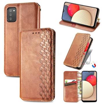 Ultra Slim Fashion Business Card Magnetic Automatic Suction Leather Flip Cover for Samsung Galaxy A02s - Brown