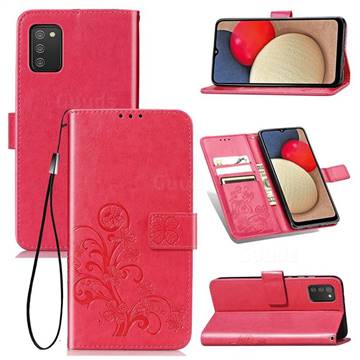 Embossing Imprint Four-Leaf Clover Leather Wallet Case for Samsung Galaxy A02s - Rose Red