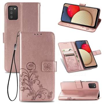 Embossing Imprint Four-Leaf Clover Leather Wallet Case for Samsung Galaxy A02s - Rose Gold