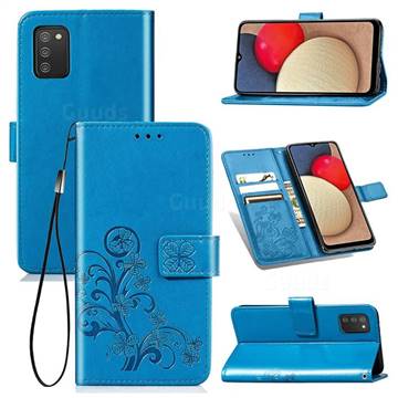 Embossing Imprint Four-Leaf Clover Leather Wallet Case for Samsung Galaxy A02s - Blue