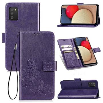 Embossing Imprint Four-Leaf Clover Leather Wallet Case for Samsung Galaxy A02s - Purple