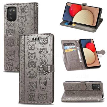 Embossing Dog Paw Kitten and Puppy Leather Wallet Case for Samsung Galaxy A02s - Gray