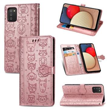 Embossing Dog Paw Kitten and Puppy Leather Wallet Case for Samsung Galaxy A02s - Rose Gold