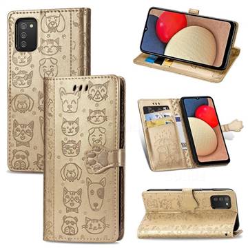 Embossing Dog Paw Kitten and Puppy Leather Wallet Case for Samsung Galaxy A02s - Champagne Gold