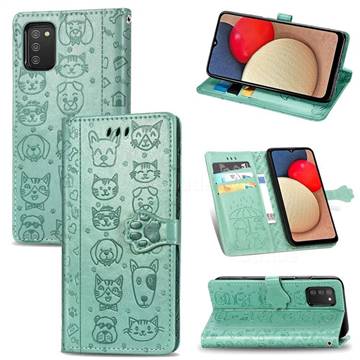 Embossing Dog Paw Kitten and Puppy Leather Wallet Case for Samsung Galaxy A02s - Green