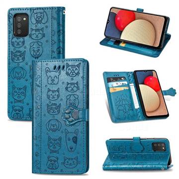 Embossing Dog Paw Kitten and Puppy Leather Wallet Case for Samsung Galaxy A02s - Blue