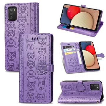 Embossing Dog Paw Kitten and Puppy Leather Wallet Case for Samsung Galaxy A02s - Purple
