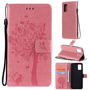 Embossing Butterfly Tree Leather Wallet Case for Samsung Galaxy A02s - Pink