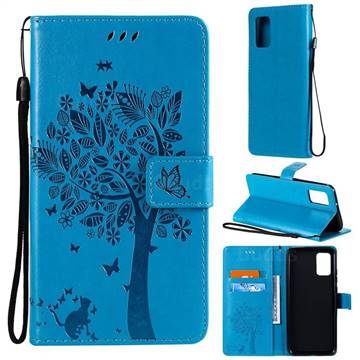Embossing Butterfly Tree Leather Wallet Case for Samsung Galaxy A02s - Blue