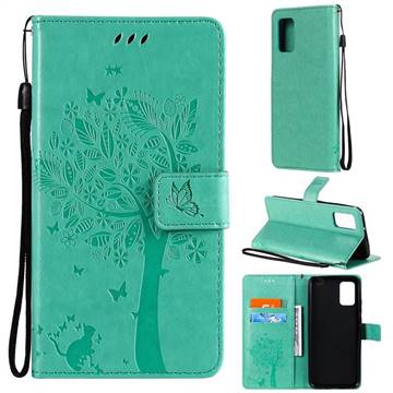 Embossing Butterfly Tree Leather Wallet Case for Samsung Galaxy A02s - Cyan