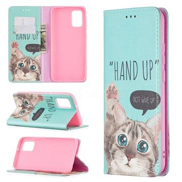 Hand Up Cat Slim Magnetic Attraction Wallet Flip Cover for Samsung Galaxy A02s