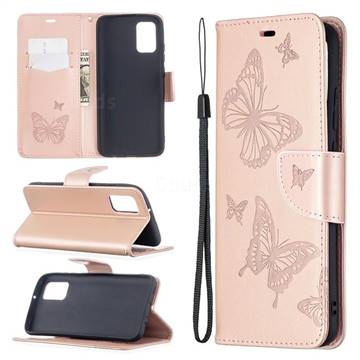 Embossing Double Butterfly Leather Wallet Case for Samsung Galaxy A02s - Rose Gold