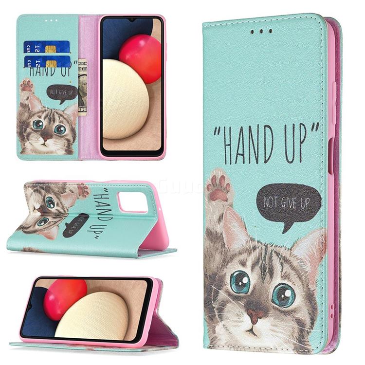 Hand Up Cat Slim Magnetic Attraction Wallet Flip Cover for Samsung Galaxy A03s
