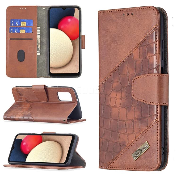 BinfenColor BF04 Color Block Stitching Crocodile Leather Case Cover for Samsung Galaxy A03s - Brown