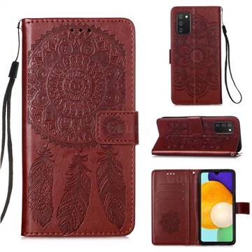Embossing Dream Catcher Mandala Flower Leather Wallet Case for Samsung Galaxy A03s - Brown