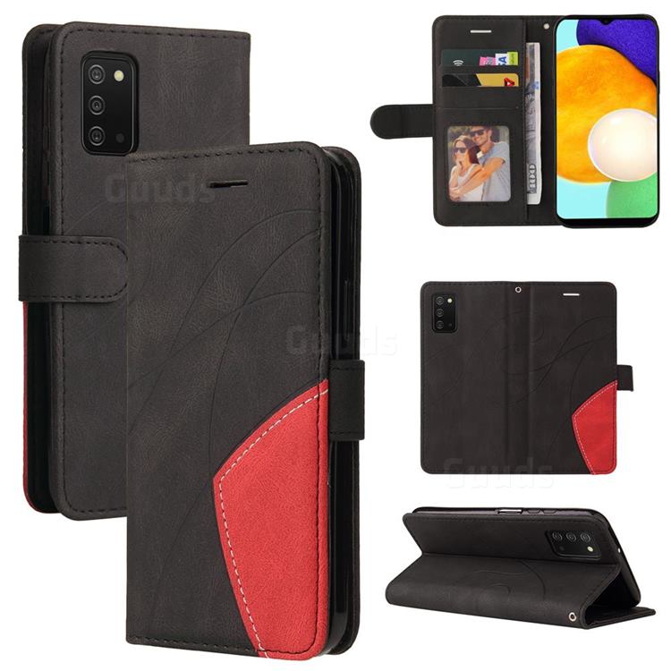 Luxury Two-color Stitching Leather Wallet Case Cover for Samsung Galaxy A03s - Black