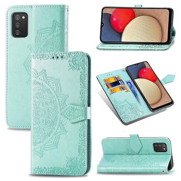 Embossing Imprint Mandala Flower Leather Wallet Case for Samsung Galaxy A03s - Green