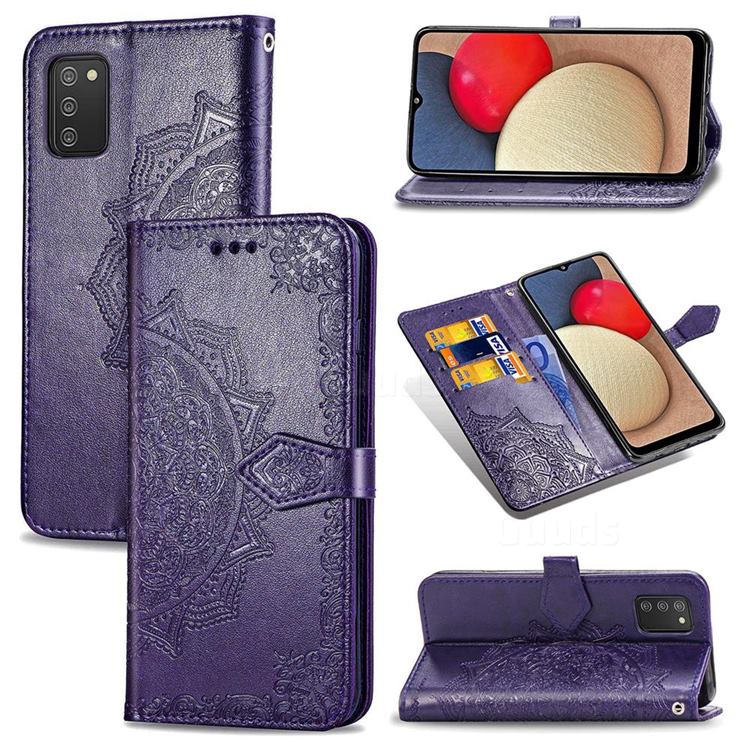 Embossing Imprint Mandala Flower Leather Wallet Case for Samsung Galaxy A03s - Purple