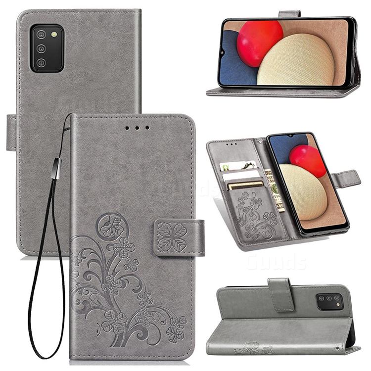 Embossing Imprint Four-Leaf Clover Leather Wallet Case for Samsung Galaxy A03s - Grey