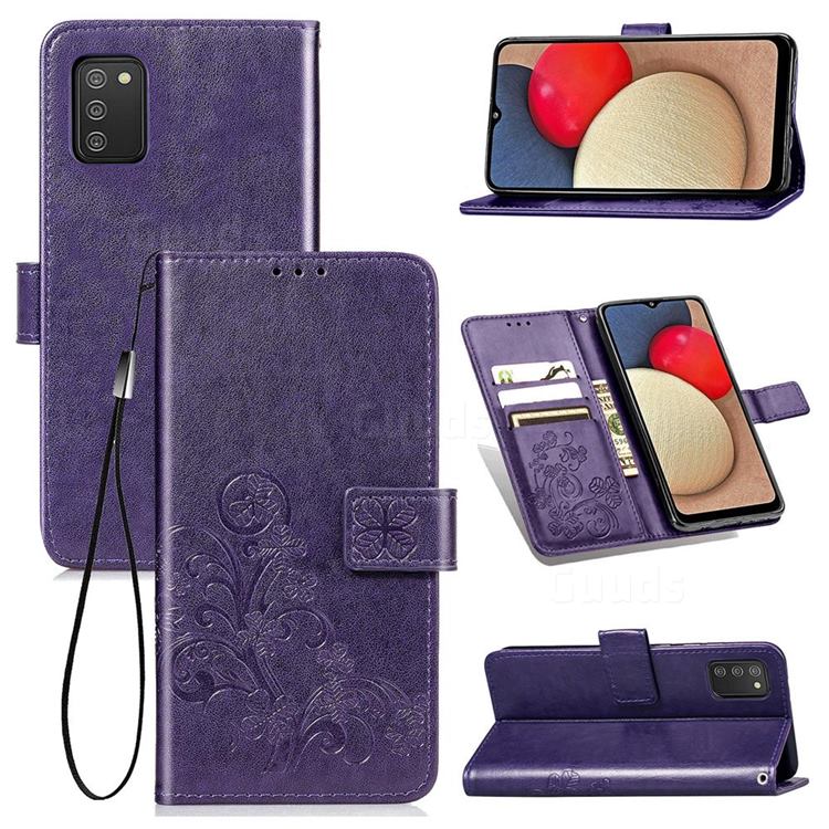 Embossing Imprint Four-Leaf Clover Leather Wallet Case for Samsung Galaxy A03s - Purple