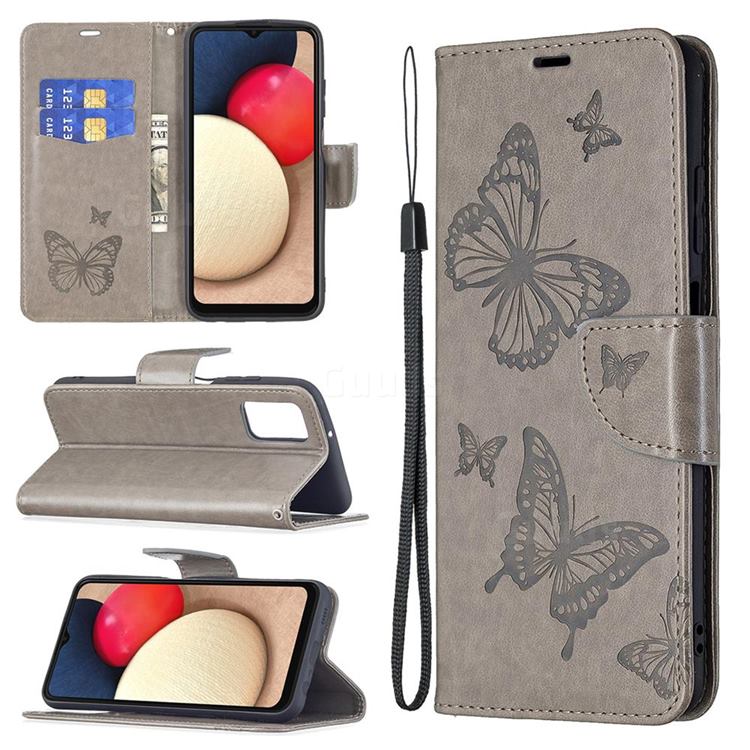 Embossing Double Butterfly Leather Wallet Case for Samsung Galaxy A03s - Gray