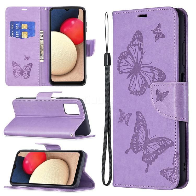 Embossing Double Butterfly Leather Wallet Case for Samsung Galaxy A03s - Purple