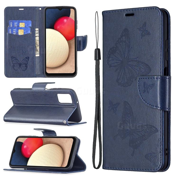 Embossing Double Butterfly Leather Wallet Case for Samsung Galaxy A03s - Dark Blue