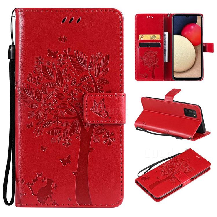 Embossing Butterfly Tree Leather Wallet Case for Samsung Galaxy A03s - Red