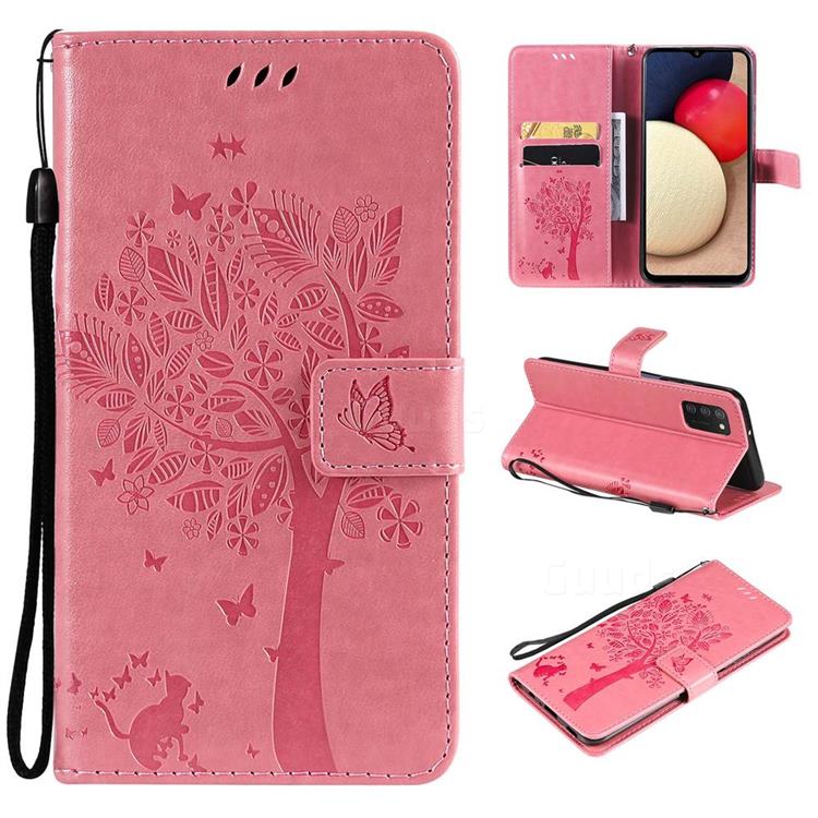 Embossing Butterfly Tree Leather Wallet Case for Samsung Galaxy A03s - Pink