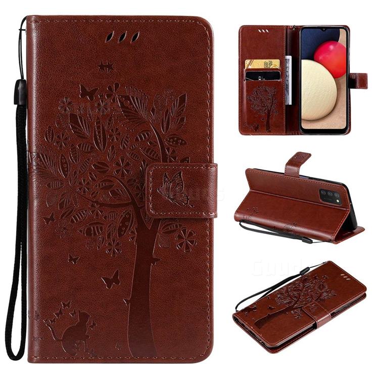 Embossing Butterfly Tree Leather Wallet Case for Samsung Galaxy A03s - Coffee