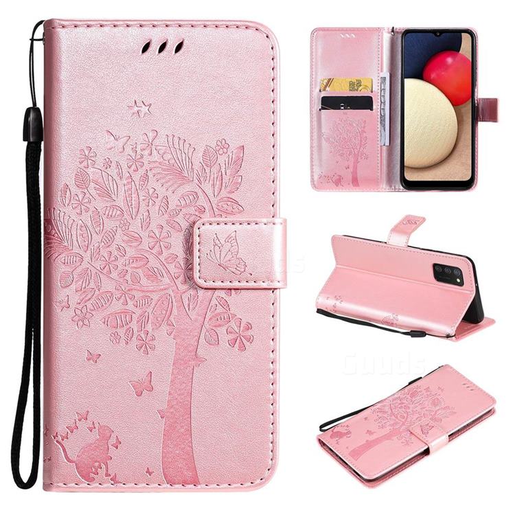 Embossing Butterfly Tree Leather Wallet Case for Samsung Galaxy A03s - Rose Pink