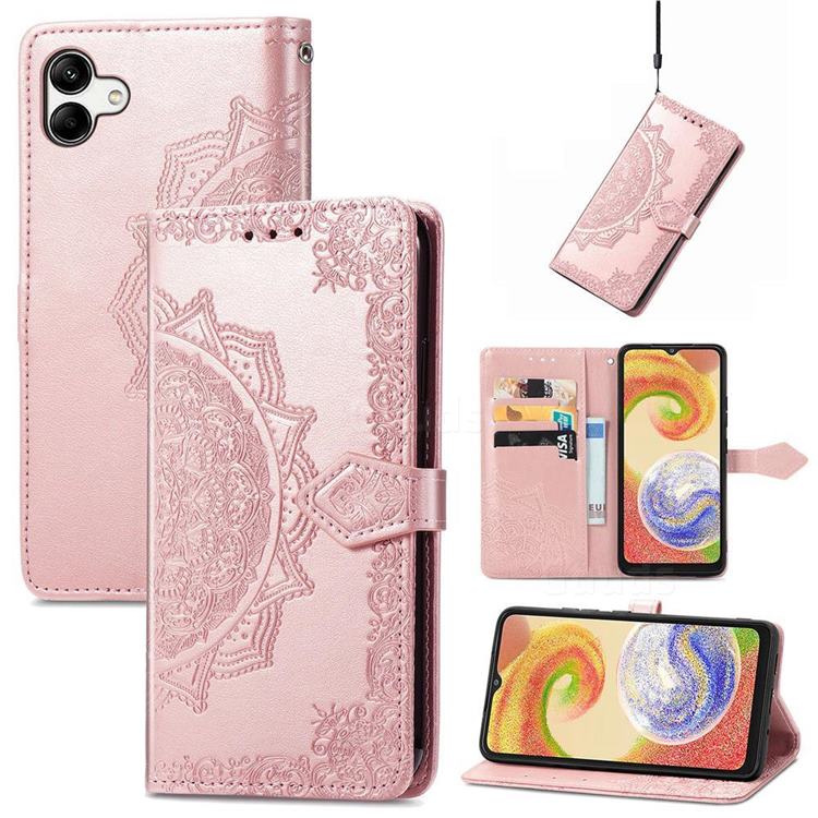 Embossing Imprint Mandala Flower Leather Wallet Case for Samsung Galaxy A04 - Rose Gold