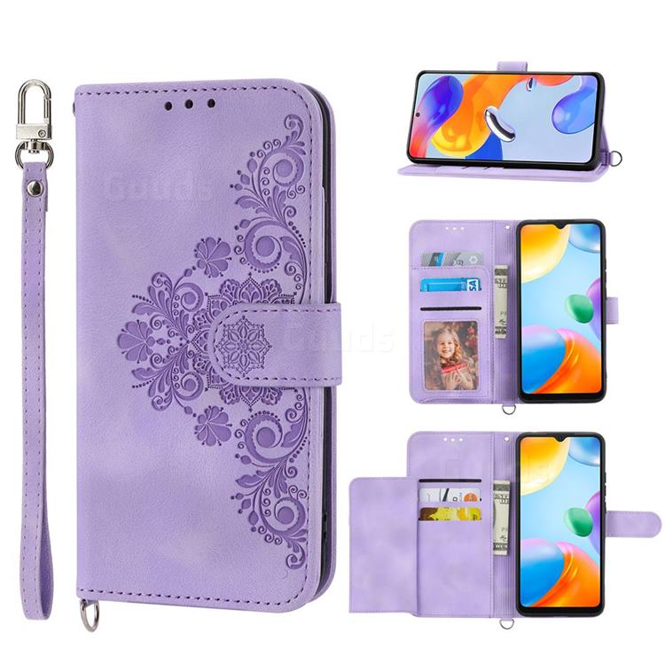 Skin Feel Embossed Lace Flower Multiple Card Slots Leather Wallet Phone Case for Samsung Galaxy A04e - Purple