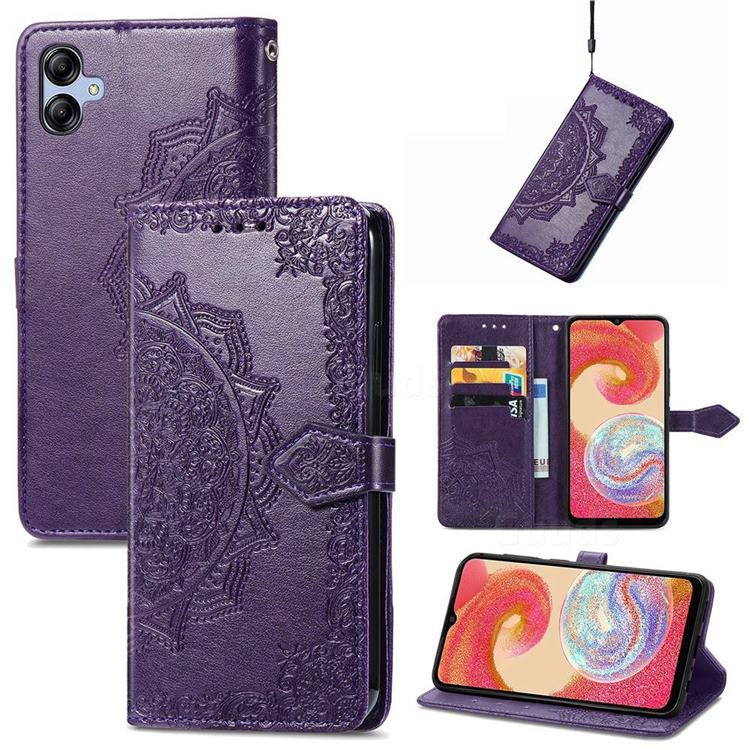 Embossing Imprint Mandala Flower Leather Wallet Case for Samsung Galaxy A04e - Purple