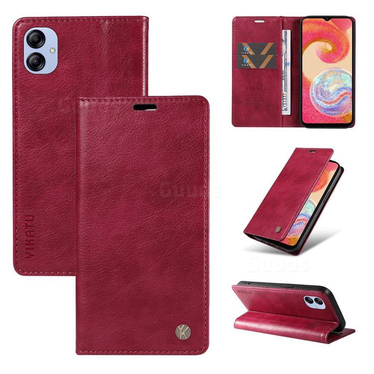 YIKATU Litchi Card Magnetic Automatic Suction Leather Flip Cover for Samsung Galaxy A04e - Wine Red