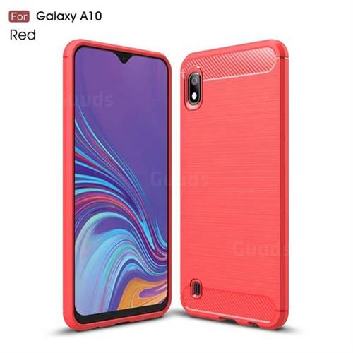 Luxury Carbon Fiber Brushed Wire Drawing Silicone TPU Back Cover for Samsung Galaxy A10 - Red