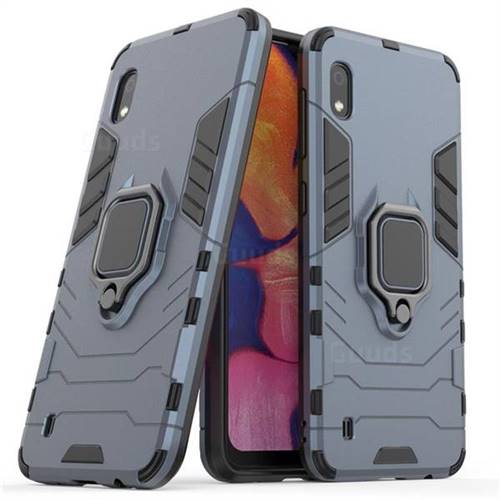 Black Panther Armor Metal Ring Grip Shockproof Dual Layer Rugged Hard Cover for Samsung Galaxy A10 - Blue