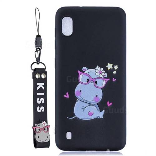 Black Flower Hippo Soft Kiss Candy Hand Strap Silicone Case for Samsung Galaxy A10