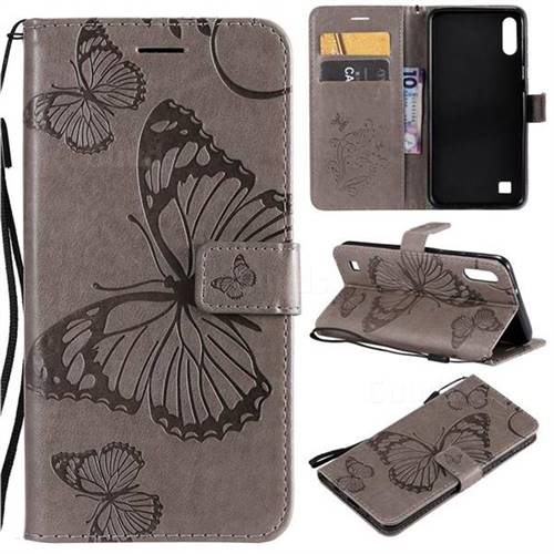 Embossing 3D Butterfly Leather Wallet Case for Samsung Galaxy A10 - Gray