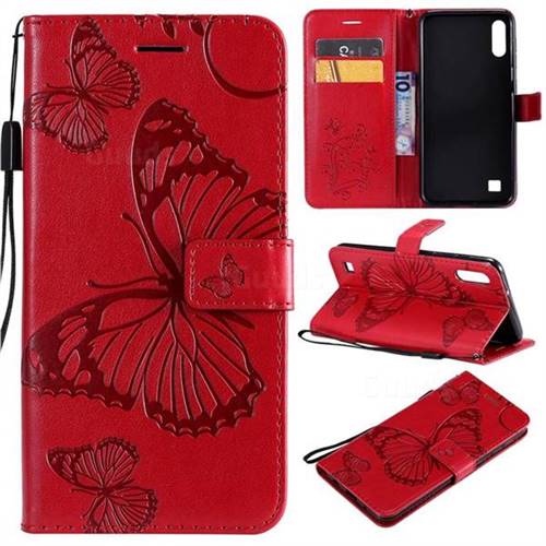 Embossing 3D Butterfly Leather Wallet Case for Samsung Galaxy A10 - Red