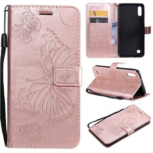 Embossing 3D Butterfly Leather Wallet Case for Samsung Galaxy A10 - Rose Gold