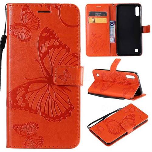 Embossing 3D Butterfly Leather Wallet Case for Samsung Galaxy A10 - Orange