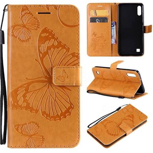 Embossing 3D Butterfly Leather Wallet Case for Samsung Galaxy A10 - Yellow