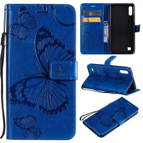 Embossing 3D Butterfly Leather Wallet Case for Samsung Galaxy A10 - Blue