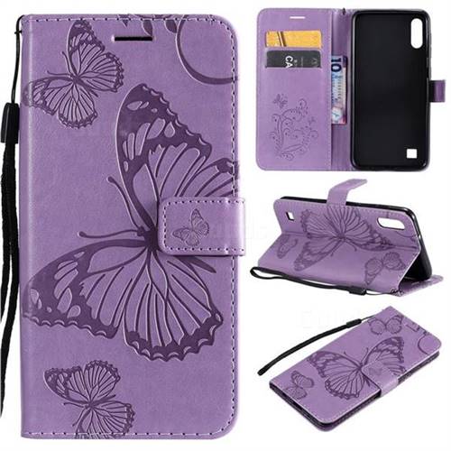 Embossing 3D Butterfly Leather Wallet Case for Samsung Galaxy A10 - Purple