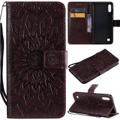 Embossing Sunflower Leather Wallet Case for Samsung Galaxy A10 - Brown