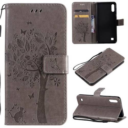 Embossing Butterfly Tree Leather Wallet Case for Samsung Galaxy A10 - Grey