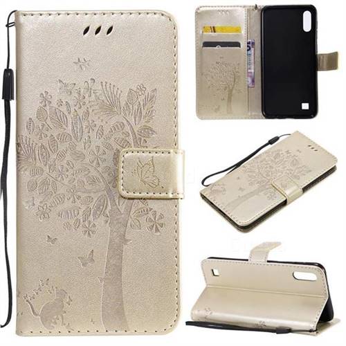 Embossing Butterfly Tree Leather Wallet Case for Samsung Galaxy A10 - Champagne