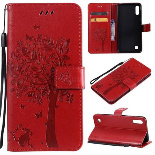 Embossing Butterfly Tree Leather Wallet Case for Samsung Galaxy A10 - Red