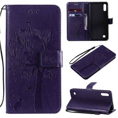 Embossing Butterfly Tree Leather Wallet Case for Samsung Galaxy A10 - Purple